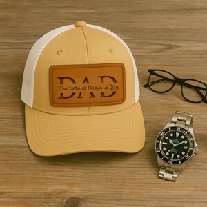 Personalized Dad Hat with Kids Names, Custom Leather Patch Trucker Hat, Father&#39;s Day Engraved Hat, Cute Dad Trucker Hat, Gift for New Dad