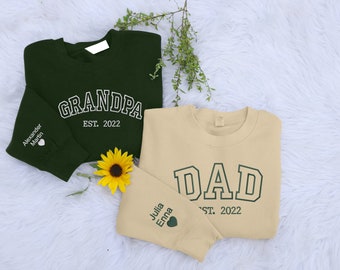 Embroidered Sweatshirt for Dad, Personalized Kids Names on Sleeve Sweater, Grandpa Est Year Shirt, Birthday Gifts for Dad, Father's Day Gift