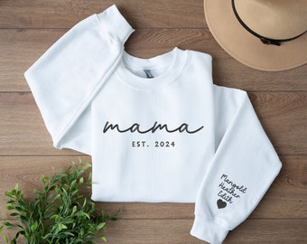 Personalized Mama Sweatshirt, Custom Kids Name on Sleeve Sweater, Embroidered Crewneck Comfy Color Sweater for Mom, Grandma Birthday Gift
