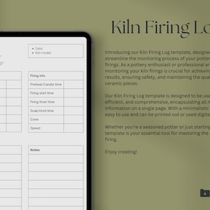 Peut inclure: Un modèle de journal de cuisson au four imprimable avec des sections pour les informations générales, les détails de la cuisson, les conditions météorologiques et les notes. Le modèle est conçu pour aider les potiers à suivre leurs cuissons et à garantir des résultats cohérents.