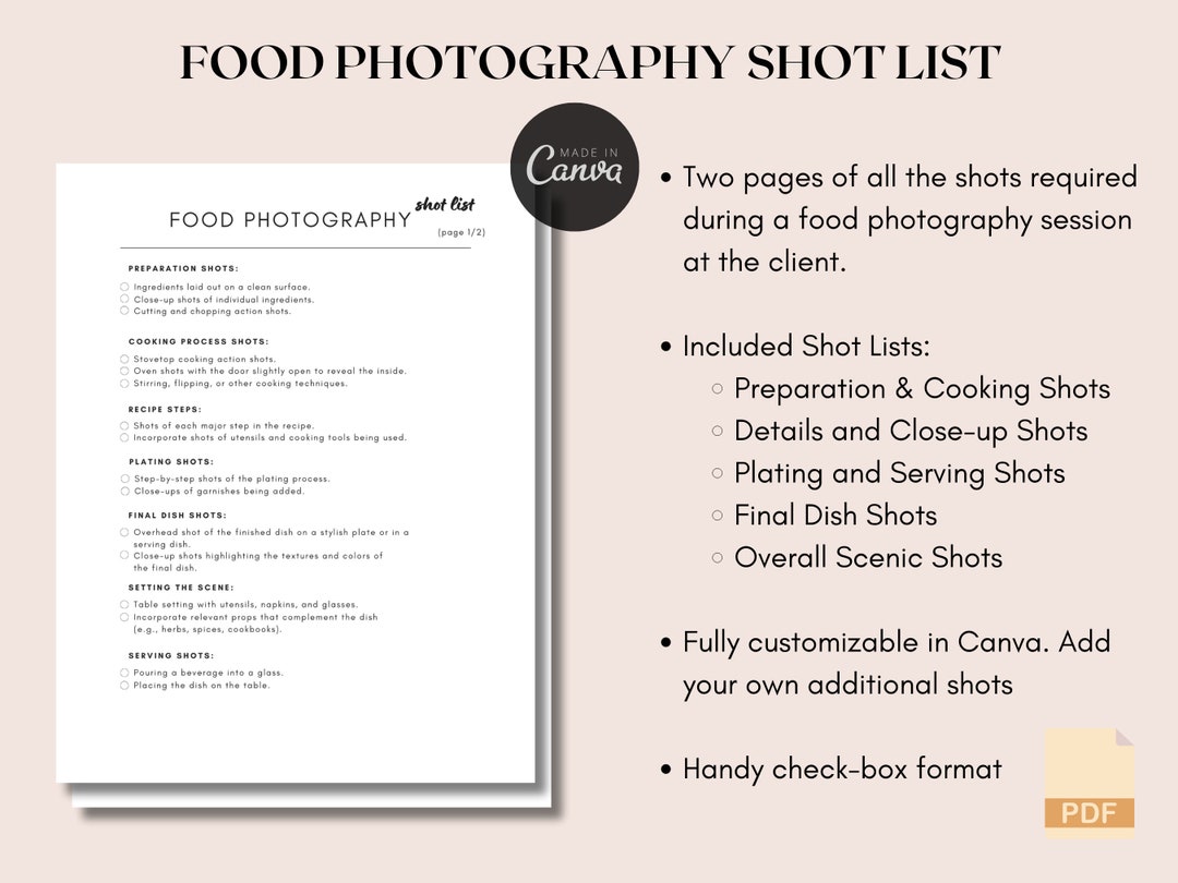 Food Photography Shot List Highly Customizable Canva Template
