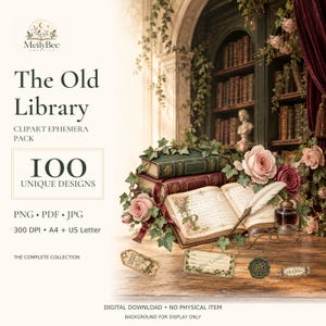 Antique Library Clipart and Ephemera, 100 Book and Manuscript Designs