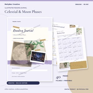Puede incluir: Un diario de lectura digital titulado Celestial & Moon Phases de MellyBec Creative. El documento B5 ISO presenta una ilustración de la luna, un gráfico de helecho, una foto nocturna y una página de bingo de lectura con casillas.