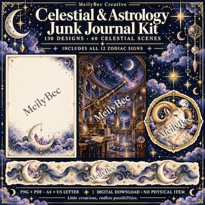 Puede incluir: Un kit de diario creativo Celestial & Astrology con 130 diseños y 40 escenas celestiales. El kit incluye una página color crema con una luna creciente, un telescopio en un observatorio estrellado y una ilustración circular del signo Aries.
