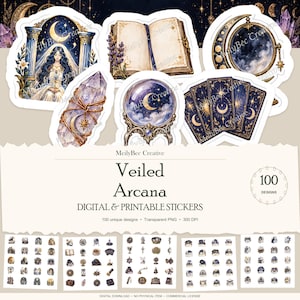 Puede incluir: Una colección de pegatinas digitales con ilustraciones celestiales y místicas que incluyen una persona entre pilares, un libro abierto, una bola de cristal, un gran cristal y cartas del tarot. Texto MeilyBec Creative Veiled Arcana.