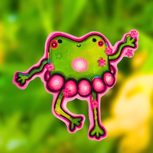 Niedlicher tanzender Ballerina Frosch-Vinyl-Aufkleber, Kawaii Froggy-Aufkleber, Kröte holographischer Vinyl-Aufkleber, Girly Cottagecore Aufkleber, wasserdicht