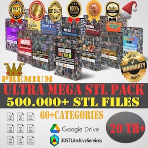 May include: A promotional image for a digital STL file pack. The image features multiple boxes with various themes like Marvel, Anime, and Vehicles. Text includes "Premium Ultra Mega STL Pack" with over 500,000 files and 60+ categories.