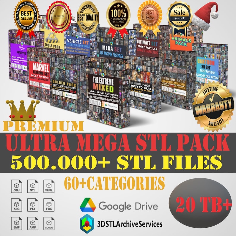 May include: A promotional image for a digital STL file pack. The image features multiple boxes with various themes like Marvel, Anime, and Vehicles. Text includes "Premium Ultra Mega STL Pack" with over 500,000 files and 60+ categories.