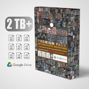 May include: A box with a collage of 3D models of fantasy miniatures. The box is labeled "Premium Pack 3D Fantastic Miniatures" and "Fantastic Fiction and Dioramas a Giant Archive with 2 TB+ File Content". The box is also labeled "Google Drive".