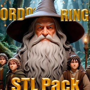 May include: Digital artwork featuring characters from "Lord of the Rings." The image shows Gandalf with a long white beard and a group of hobbits. The words "LORD OF RINGS" and "STL Pack" are displayed in gold lettering.