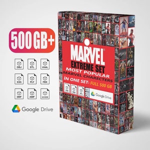 May include: A box set featuring a collage of Marvel characters. The box has the text "MARVEL EXTREME SET" and "MOST POPULAR MARVEL CHARACTERS IN ONE SET - FULL 500 GB". Includes various file formats and a Google Drive logo.