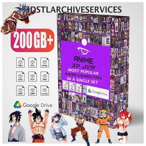 May include: A digital product box set featuring anime characters. The box is purple with the text "ANIME 3D SET" and "MOST POPULAR ANIME CHARACTERS IN A SINGLE SET." It includes various file formats and a Google Drive logo. The image also shows several anime characters.