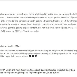 May include: Screenshot of Etsy product reviews. One review praises the product's content and the seller's helpfulness. The review is followed by a response from the seller. The image also includes a product advertisement for an "ULTRA MEGA STL Pack" with detailed models.