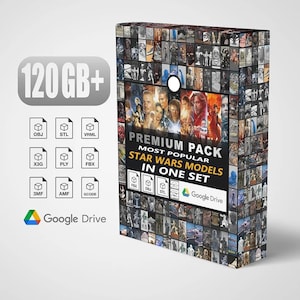 May include: A product box featuring a collage of Star Wars images. The box includes the text "PREMIUM PACK MOST POPULAR STAR WARS MODELS IN ONE SET" and "120 GB+". File format icons and the Google Drive logo are also visible.