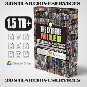 Puede incluir: Una lista de productos digitales para una colección de modelos 3D. La imagen muestra un collage de modelos 3D, incluyendo personajes de anime, figuras y miniaturas. El texto en la imagen dice "The Extreme Mixed 2000+ Models Mixed Set Diverse and Mixed Content of All Kinds Anime Characters Figures NSFW(+18) Cosplay Miniatures 1500 GB+ Content Huge 3D Set Google Drive". La lista incluye una descarga de 1,5 TB+ de modelos 3D en varios formatos de archivo, incluyendo OBJ, STL, VRML, X3G, PLY, FBX, 3MF, AMF y GCODE.