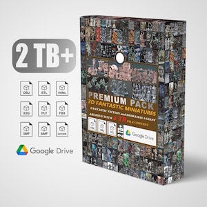 May include: A box labeled "2 TB+" with the text "PREMIUM PACK 3D FANTASTIC MINIATURES." The box contains 3D models of fantastic fiction and dioramas. The box also includes file formats such as OBJ, STL, VRML, X3G, PLY, FBX, 3MF, AMF, and GCODE. The Google Drive logo is visible.
