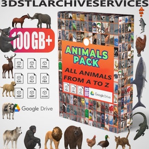 May include: A digital animal pack with 3D models, including a variety of animals from A to Z. The orange box displays the text "ANIMALS PACK" and "ALL ANIMALS FROM A TO Z". The image also shows file formats and "100 GB+".