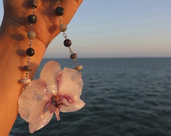Real Orchid Flower Necklace | White and Purple Orchid Pendant | Natural Flower Charm | Genuine Flower Jewelry