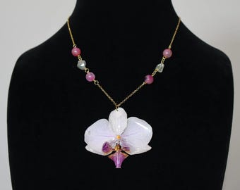 Real Orchid Flower Necklace | White and Purple Orchid Pendant | Natural Flower Charm | Genuine Flower Jewelry