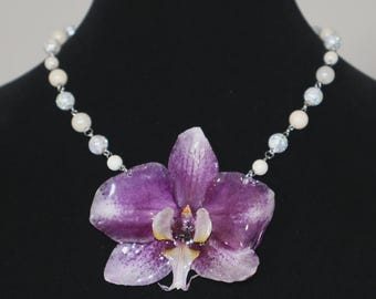 Real Orchid Flower Necklace | White and Purple Orchid Pendant | Natural Flower Charm | Genuine Flower Jewelry
