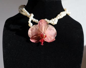 Real Orchid Flower Necklace | Orange Orchid Pendant | Natural Flower Charm | Genuine Flower Jewelry