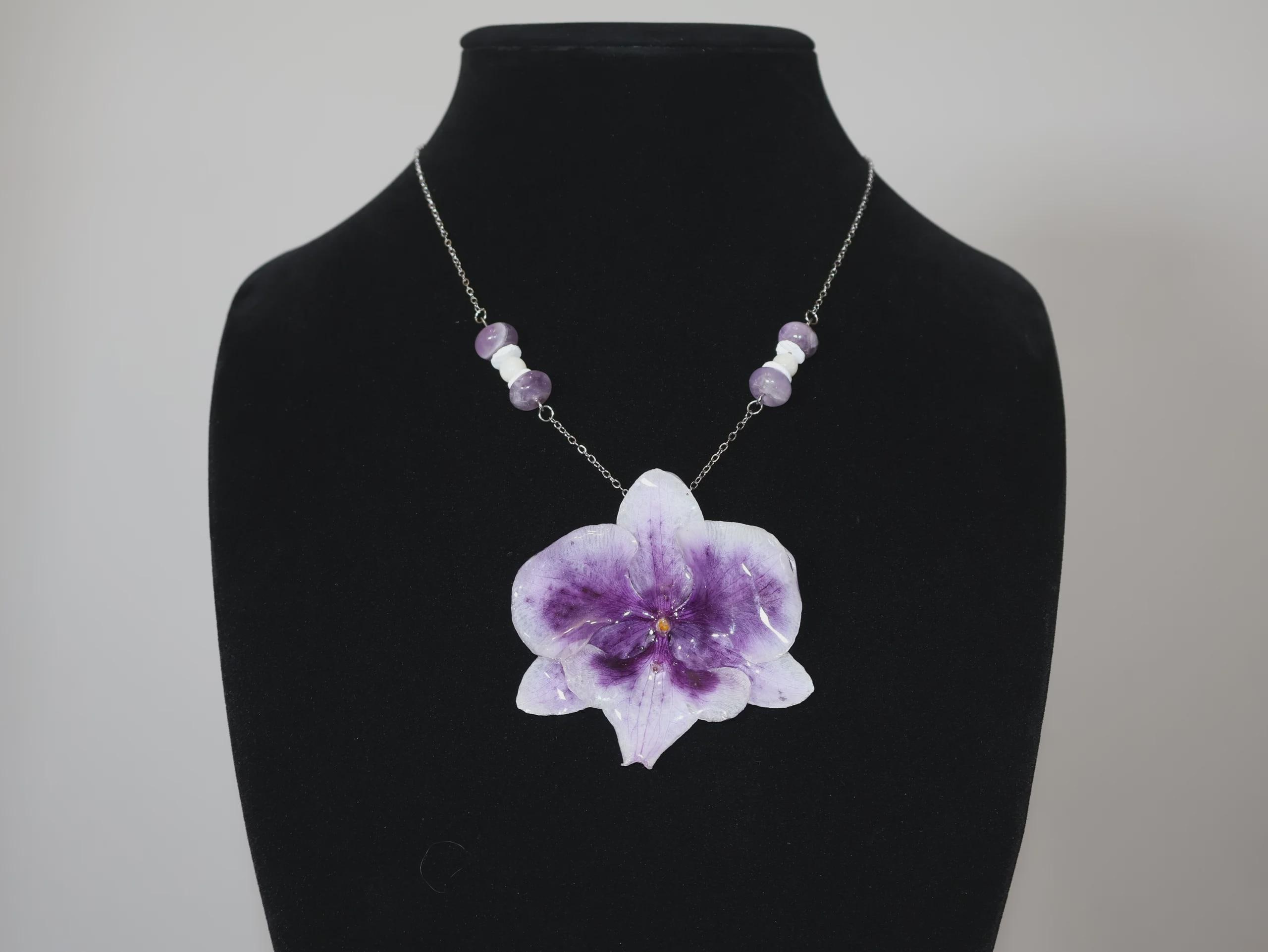 Real Orchid Flower Necklace | White and Purple Orchid Pendant | Natural Flower Charm | Genuine Flower Jewelry
