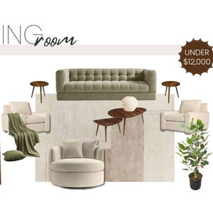 Sala de estar elegante de estilo moderno de mediados de siglo, verde y beige, por menos de 12 000 CAD, tablero de ideas para comprar, diseño electrónico para puesta en escena, tablero de ideas prediseñado