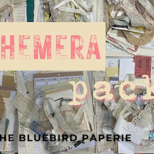 May include: A collection of ephemera packs with various paper items, ribbons, and lace. The image features a light beige banner with the word "EPHEMERA" in pink letters, and the word "packs" in a light beige color. The Bluebird Paperie logo is in the bottom right.