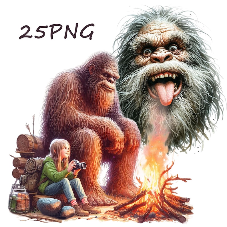 Puede incluir: Una ilustraci&oacute;n digital de un Bigfoot, un Yeti y una ni&ntilde;a con una c&aacute;mara sentada junto a una fogata. El Yeti est&aacute; sonriendo con la lengua fuera. El Bigfoot est&aacute; sentado junto a la ni&ntilde;a. La fogata est&aacute; ardiendo intensamente.