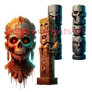 Pode incluir: Tr&ecirc;s esculturas de pedra de cr&acirc;nios de estilo maia. As esculturas s&atilde;o detalhadas e intrincadas, com uma variedade de cores e texturas. Os cr&acirc;nios s&atilde;o todos de tamanhos e formas diferentes, e todos olham em dire&ccedil;&otilde;es diferentes. As esculturas s&atilde;o um &oacute;timo exemplo da arte e da cultura maia.