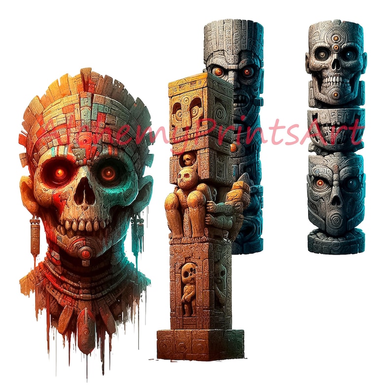 Pode incluir: Tr&ecirc;s esculturas de pedra de cr&acirc;nios de estilo maia. As esculturas s&atilde;o detalhadas e intrincadas, com uma variedade de cores e texturas. Os cr&acirc;nios s&atilde;o todos de tamanhos e formas diferentes, e todos olham em dire&ccedil;&otilde;es diferentes. As esculturas s&atilde;o um &oacute;timo exemplo da arte e da cultura maia.