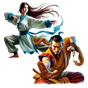May include: A woman in a white and blue martial arts uniform with long black hair is in a fighting stance. A man in a yellow and orange martial arts uniform is also in a fighting stance. The man is facing the camera and the woman is facing away from the camera.