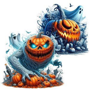 May include: A spooky Halloween illustration featuring two jack-o'-lanterns with glowing eyes and menacing grins. One pumpkin is surrounded by a ghostly figure and a graveyard, while the other is a monstrous creature with vines and roots.