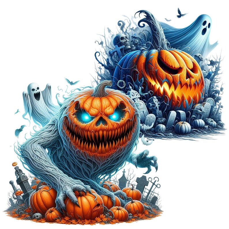 May include: A spooky Halloween illustration featuring two jack-o'-lanterns with glowing eyes and menacing grins. One pumpkin is surrounded by a ghostly figure and a graveyard, while the other is a monstrous creature with vines and roots.