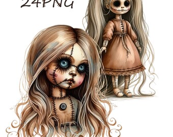 Könnte beinhalten: Zwei genähte Puppenfiguren mit langen blonden Haaren. Die Puppe links hat blaue Augen und einen genähten Mund. Die Puppe rechts hat schwarze Augen und einen genähten Mund. Beide Puppen tragen braune Kleider mit genähten Details.