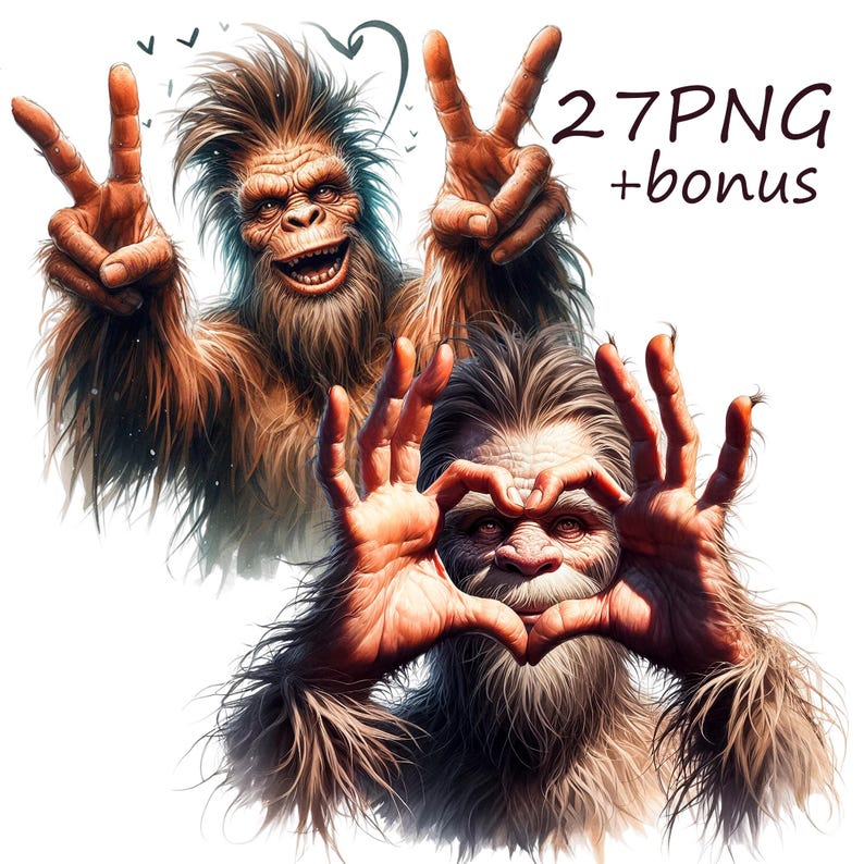 Puede incluir: Ilustraci&oacute;n digital de dos criaturas de Bigfoot. Una sonr&iacute;e y hace el signo de la paz con los dedos. La otra hace una forma de coraz&oacute;n con las manos. El texto "27PNG + bonus" est&aacute; en la esquina superior derecha.