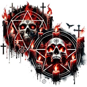 May include: Two black and red pentagram symbols with skulls in the center. The pentagrams are surrounded by black candles with red flames. The background is black with white splatters.