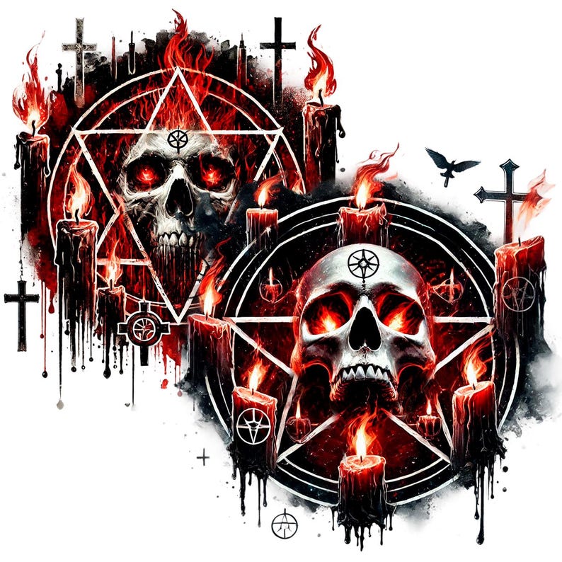 May include: Two black and red pentagram symbols with skulls in the center. The pentagrams are surrounded by black candles with red flames. The background is black with white splatters.