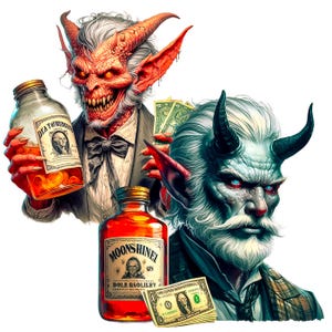 K&ouml;nnte beinhalten: Digitale Illustration von zwei d&auml;monischen Figuren mit H&ouml;rnern, die Flaschen mit Moonshine und Bargeld halten. Eine Flasche tr&auml;gt die Aufschrift "DEATH OF MURDERERS", die andere "MOONSHINEL". Die Figuren tragen Anz&uuml;ge.