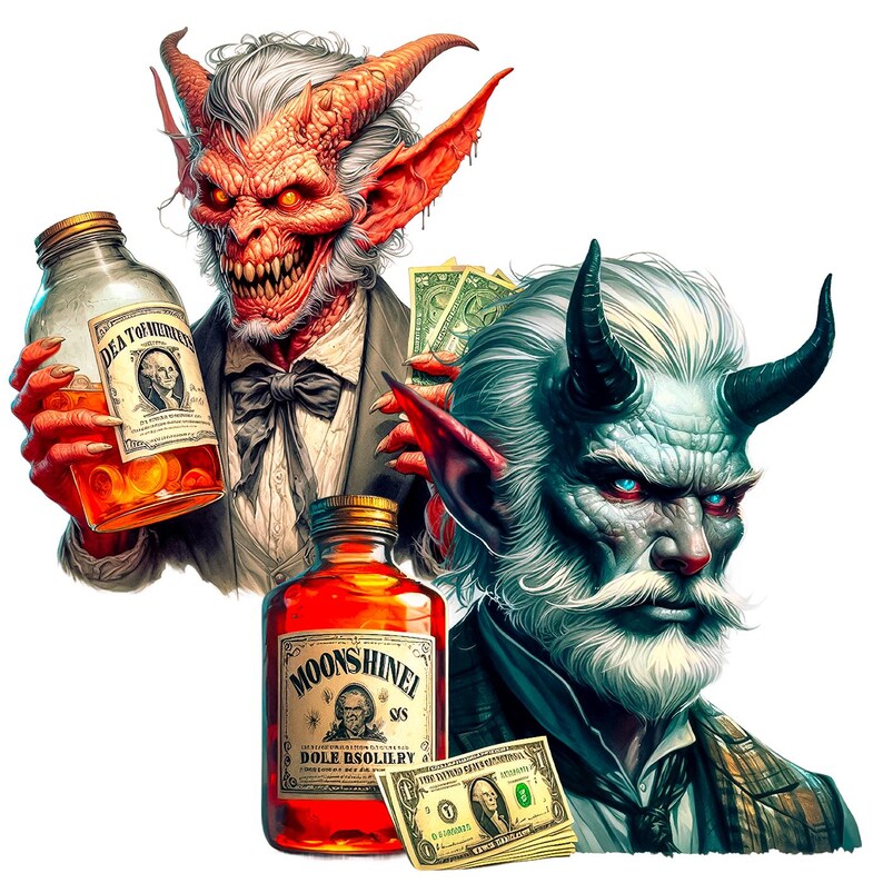 K&ouml;nnte beinhalten: Digitale Illustration von zwei d&auml;monischen Figuren mit H&ouml;rnern, die Flaschen mit Moonshine und Bargeld halten. Eine Flasche tr&auml;gt die Aufschrift "DEATH OF MURDERERS", die andere "MOONSHINEL". Die Figuren tragen Anz&uuml;ge.