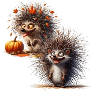 May include: Two cartoon hedgehogs with large eyes and wide smiles. The hedgehog on the left is brown and has autumn leaves in its quills. The hedgehog on the right is gray and has a pumpkin in front of it.