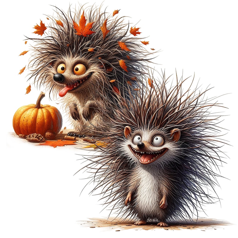 May include: Two cartoon hedgehogs with large eyes and wide smiles. The hedgehog on the left is brown and has autumn leaves in its quills. The hedgehog on the right is gray and has a pumpkin in front of it.