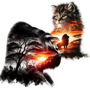 May include: A digital art illustration of a gorilla, a lion, and a kitten. The gorilla is in the foreground, with the lion and kitten in the background. The animals are all silhouetted against a sunset, with trees and a river in the background.