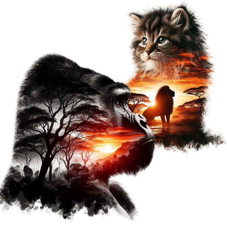 May include: A digital art illustration of a gorilla, a lion, and a kitten. The gorilla is in the foreground, with the lion and kitten in the background. The animals are all silhouetted against a sunset, with trees and a river in the background.