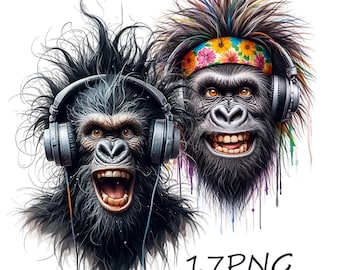 Watercolor Monkey PNG: Funny Gorilla with Headphones (17 PNG Transparent Background)