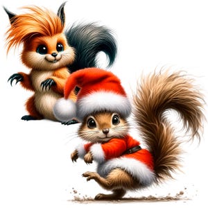 Puede incluir: Dos lindas ardillas con gorros de Pap&aacute; Noel. Una ardilla es marr&oacute;n con una cola tupida y la otra es naranja con una cola negra.