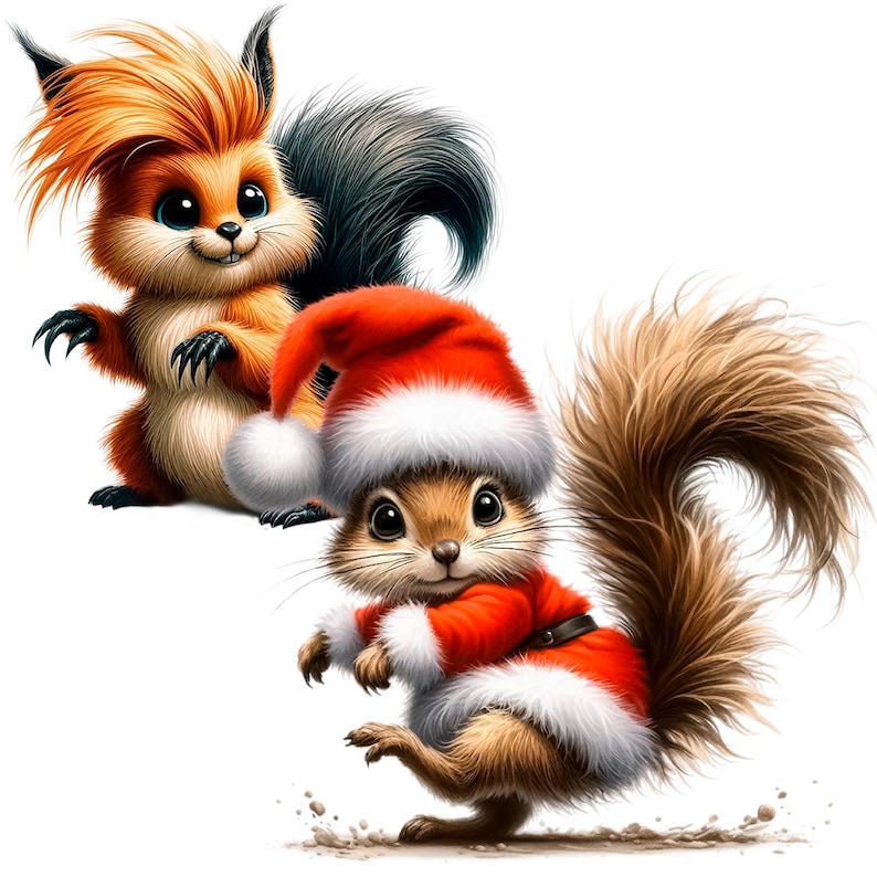 Puede incluir: Dos lindas ardillas con gorros de Pap&aacute; Noel. Una ardilla es marr&oacute;n con una cola tupida y la otra es naranja con una cola negra.