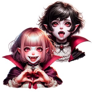 May include: Two cartoon vampire characters with pale skin, red eyes, and fangs. One has pink hair and makes a heart shape with their hands. The other has black hair. Both wear dark capes and ruffled collars, with a gothic aesthetic.