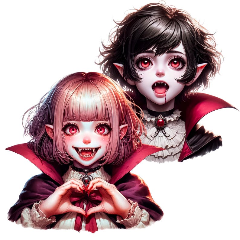 May include: Two cartoon vampire characters with pale skin, red eyes, and fangs. One has pink hair and makes a heart shape with their hands. The other has black hair. Both wear dark capes and ruffled collars, with a gothic aesthetic.