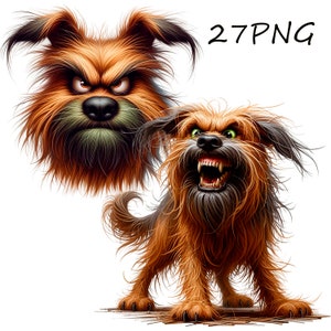 Puede incluir: Dos perros de dibujos animados con pelo marr&oacute;n y negro. El perro de la izquierda tiene una expresi&oacute;n seria y el perro de la derecha est&aacute; gru&ntilde;endo con la boca abierta.